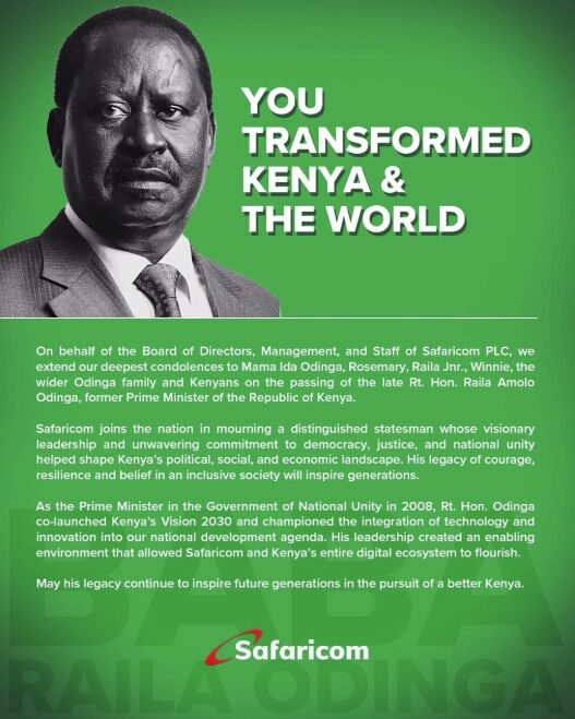Safaricom condolence message honouring Raila Odinga’s role in democracy, national unity, Vision 2030, and Kenya’s digital growth.