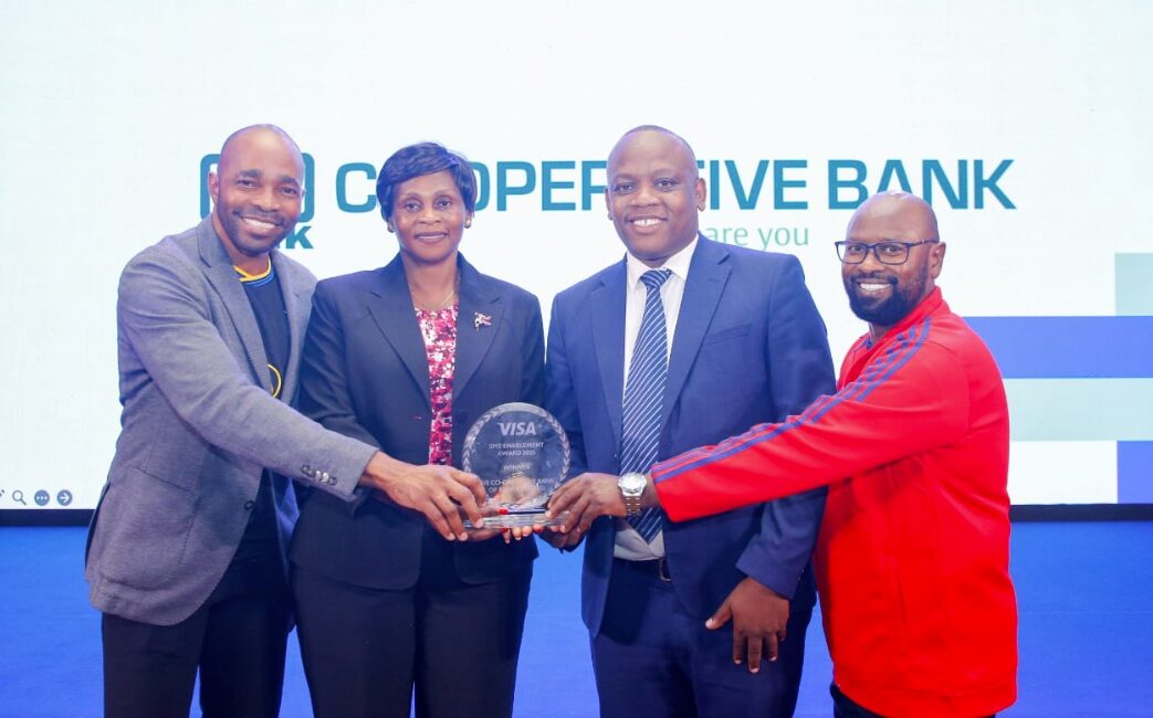 Co-op Bank Kenya wins Best Bank in MSME Enablement at Visa Awards 2025, with executives Linda Mango and Andrew Njuguna attending alongside Visa East Africa VP Chad Pollock and Visa Kenya Country Manager John Njoroge.